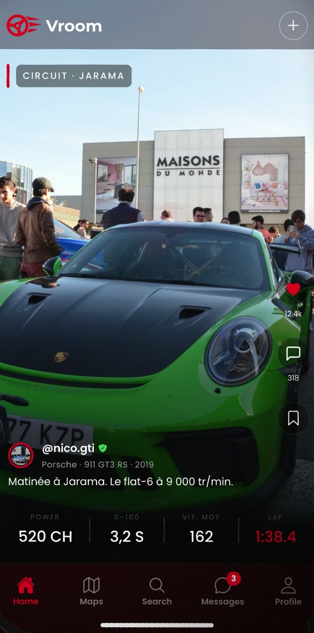 Un post Ciné Drive : une Porsche 911 GT3 RS au circuit de Jarama, avec ses chiffres en bas d'écran.