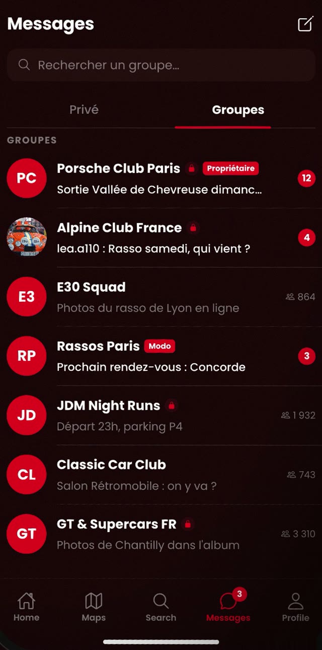 La messagerie des groupes : Porsche Club Paris, Alpine Club France, E30 Squad.